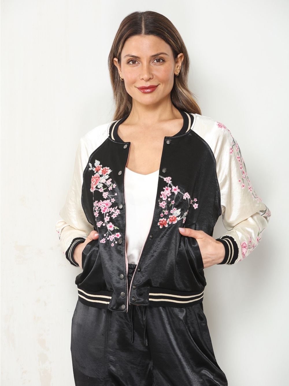 Reversible Floral Embroidered Satin Bomber Jacket - Black & Ivory